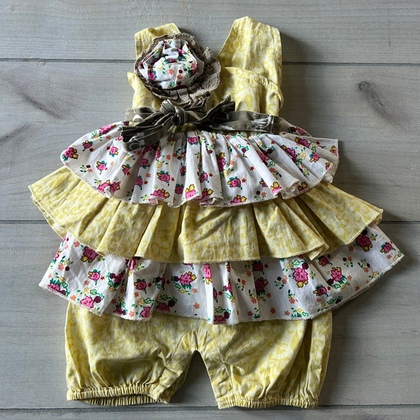 Mustard Pie Ruffled Floral Ruffled Bubble Romper