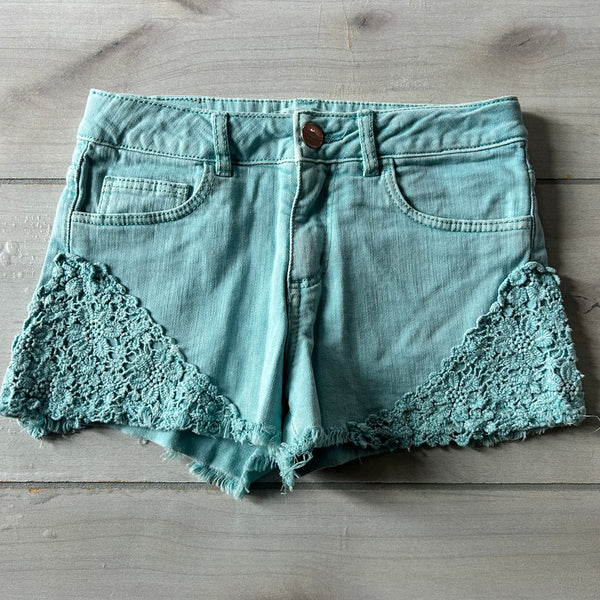 Zara Aqua Eyelet Trim Interior Adjustable Waist Button Tab Denim Shorts