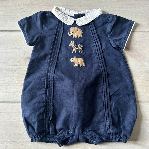 NWOT Janie & Jack Linen Cotton Blend Animal Applique Bubble Romper