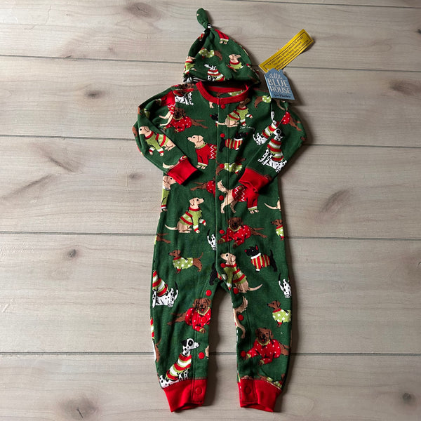 NWT Little Blue House Door County Dog Pattern Pajama Romper and Hat
