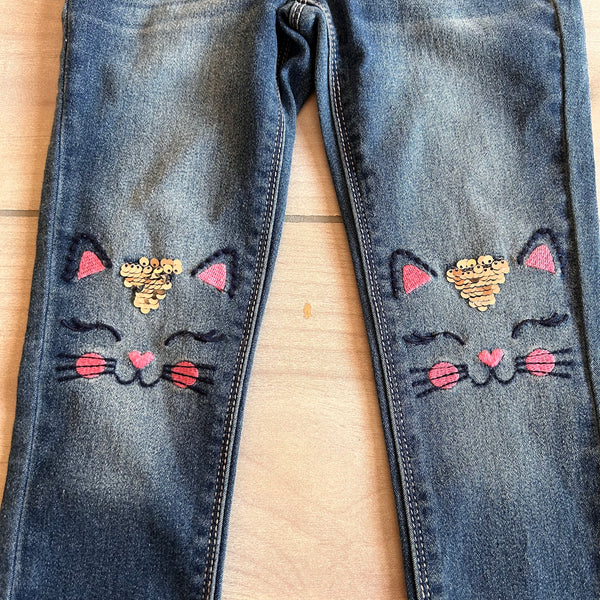 Blue Ink Pink Kitty Applique Pull On Jeans – Sweet Pea & Teddy