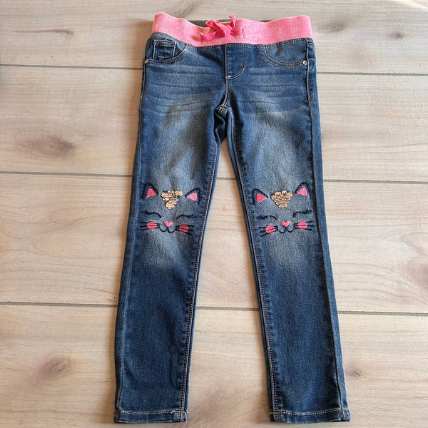 Blue Ink Pink Kitty Applique Pull On Jeans – Sweet Pea & Teddy