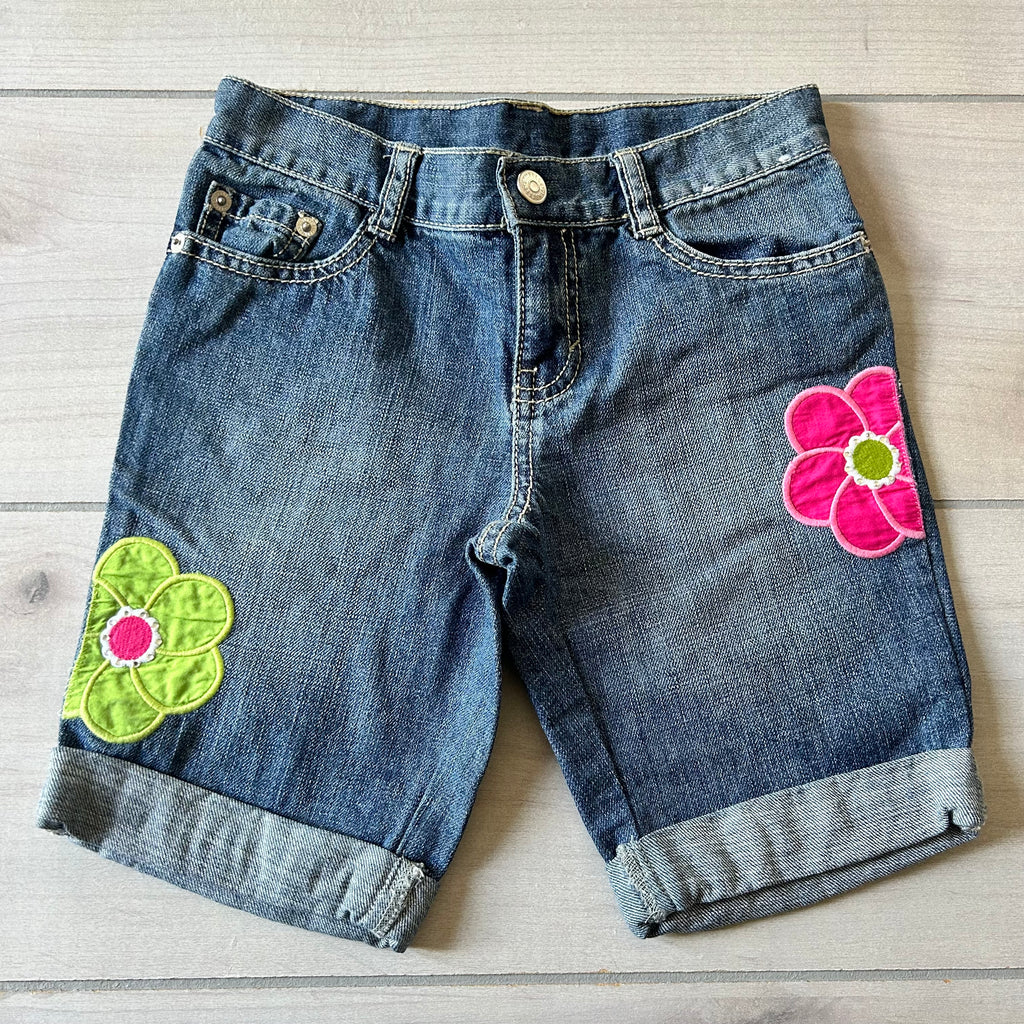 Gymboree Interior Adjustable Waist Button Tab Floral Embroidered Denim Shorts