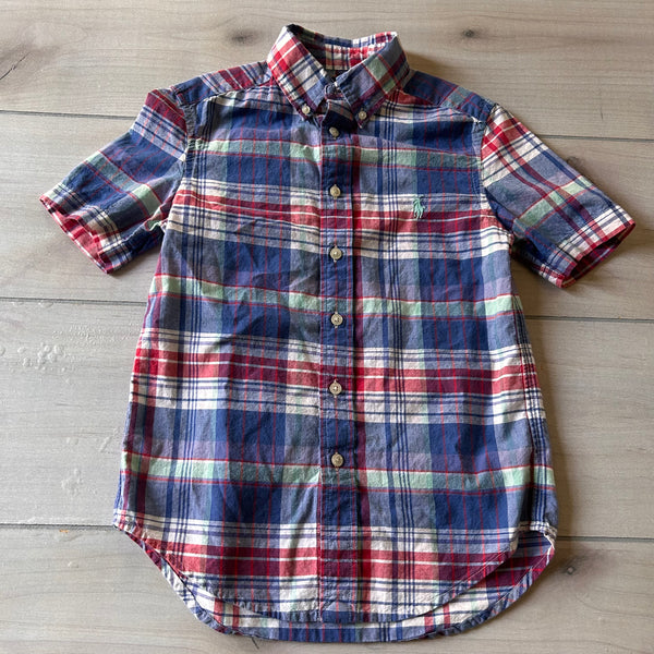 Ralph Lauren Blue Plaid Cotton Short Sleeve Button Down Shirt