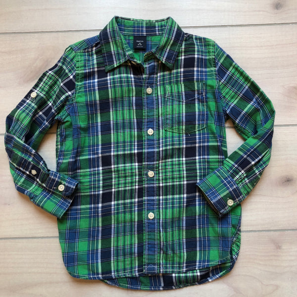 Gap Kids Green, Navy & White Plaid Button Down Shirt