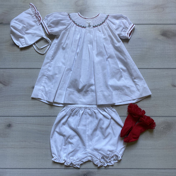 Petit Ami Holiday Smocked Dress Bonnet & Socks - Sweet Pea & Teddy