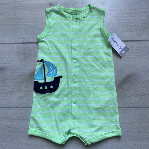 NEW Carter's Green Striped Sailboat Snap Front Sleeveless Cotton Romper - Sweet Pea & Teddy