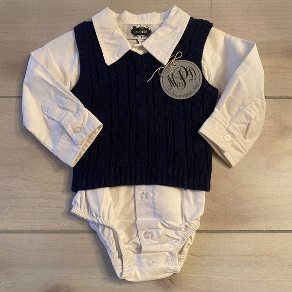 NEW Mud Pie Navy Sweater Vest & Cotton Collared Onesie Shirt