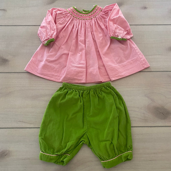 Petit Ami Pink & Green Corded Smocked Outfit