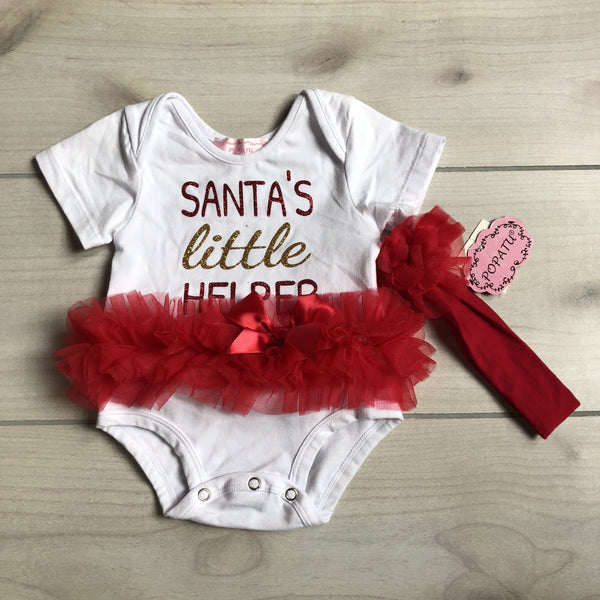 NEW Popatu Santa's Little Helper Tutu Onesie & Headband - Sweet Pea & Teddy