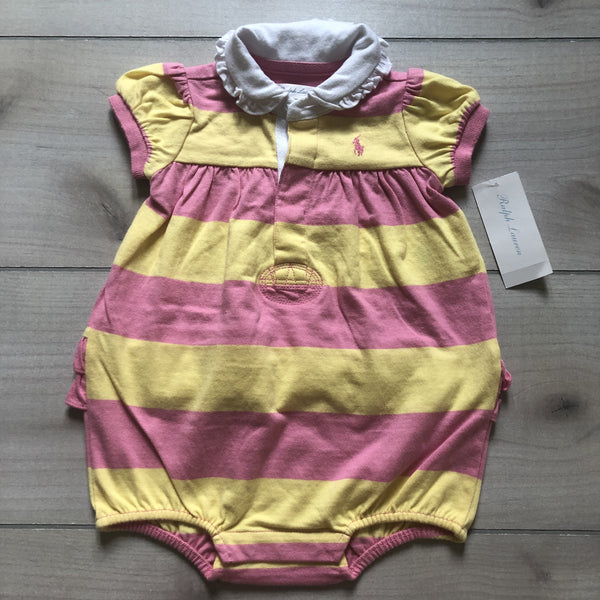 NEW Ralph Lauren Yellow & Pink Striped Cotton Ruffle Back Bubble Romper - Sweet Pea & Teddy
