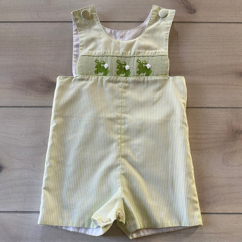 Amanda Remembered Green Striped Bunny Smocked Shortall Romper