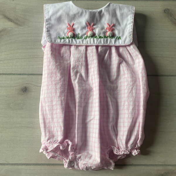 Cecil and Lou Pink Gingham Bunny Smocked Bubble Romper