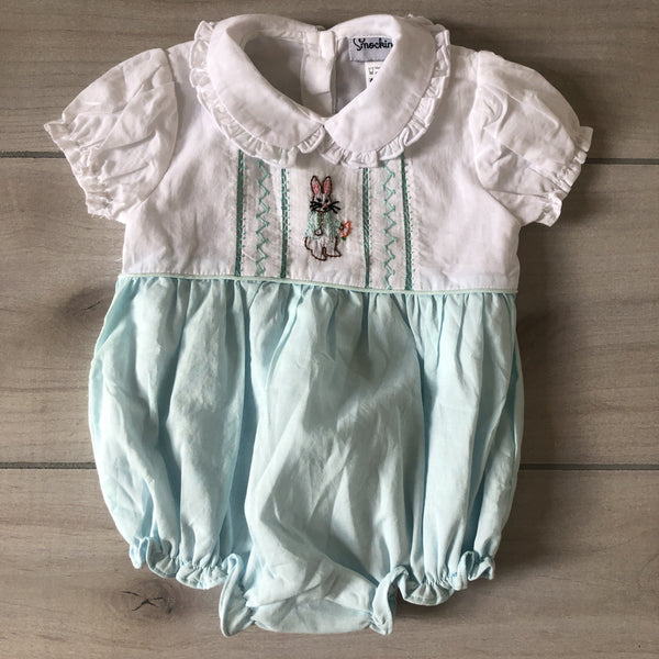 Smockingbird Aqua & White Peter Rabbit Smocked Bubble Romper - Sweet Pea & Teddy