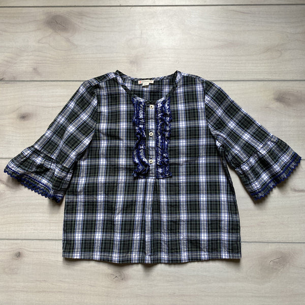 JCrew Crewcuts Green & Navy Plaid Ruffle Front Shirt - Sweet Pea & Teddy