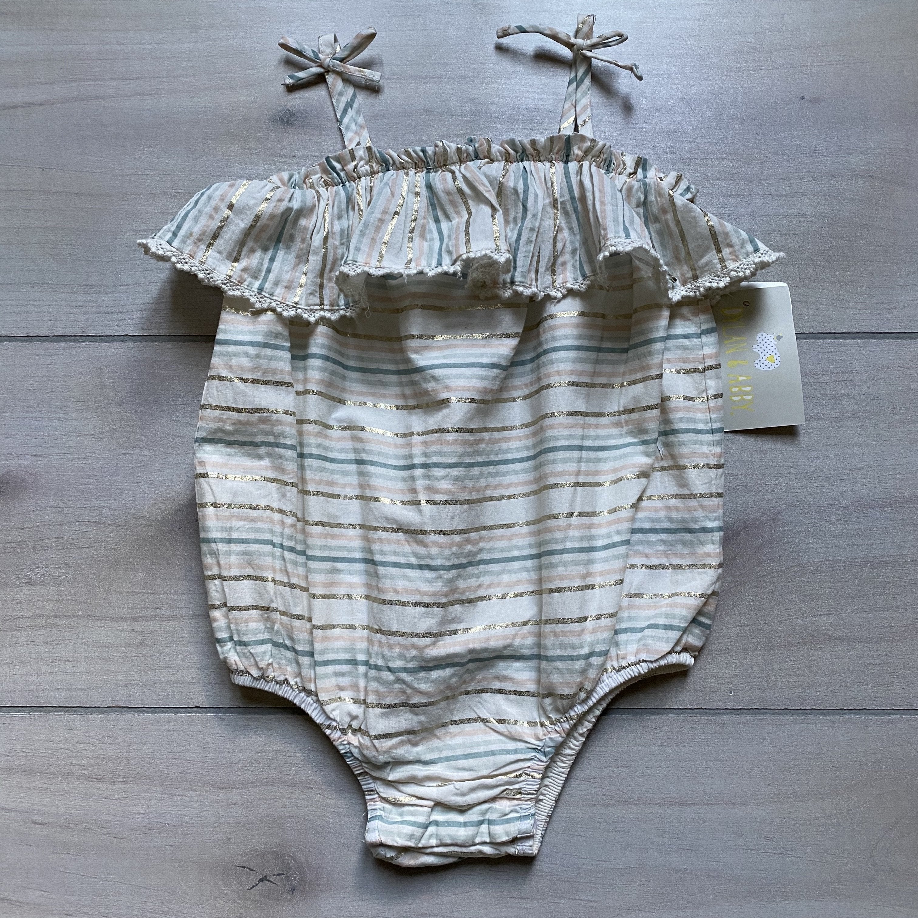 NEW Dylan Abby Gold Striped Neutral Tones Bubble Romper
