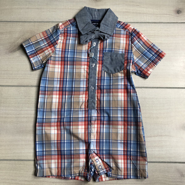 NEW Andy & Evan Blue Orange & Tan Plaid Bowtie Romper - Sweet Pea & Teddy