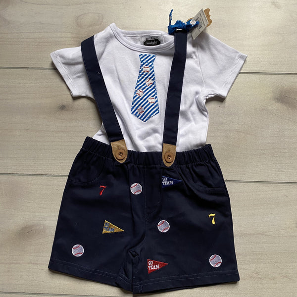 NEW Mud Pie Baseball Suspender Short Set - Sweet Pea & Teddy