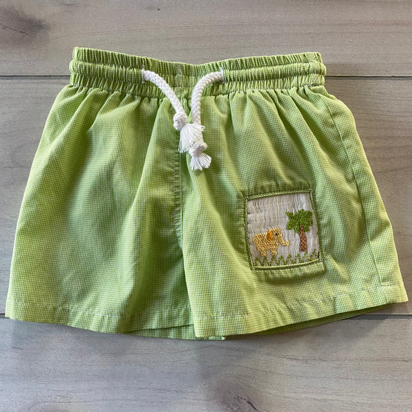 Silly Goose Green Gingham Elephant Embroidered Smocked Swim Trunks