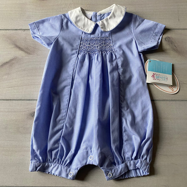 NWT Smocked Giraffe Blue Plaid Collared Bubble Romper