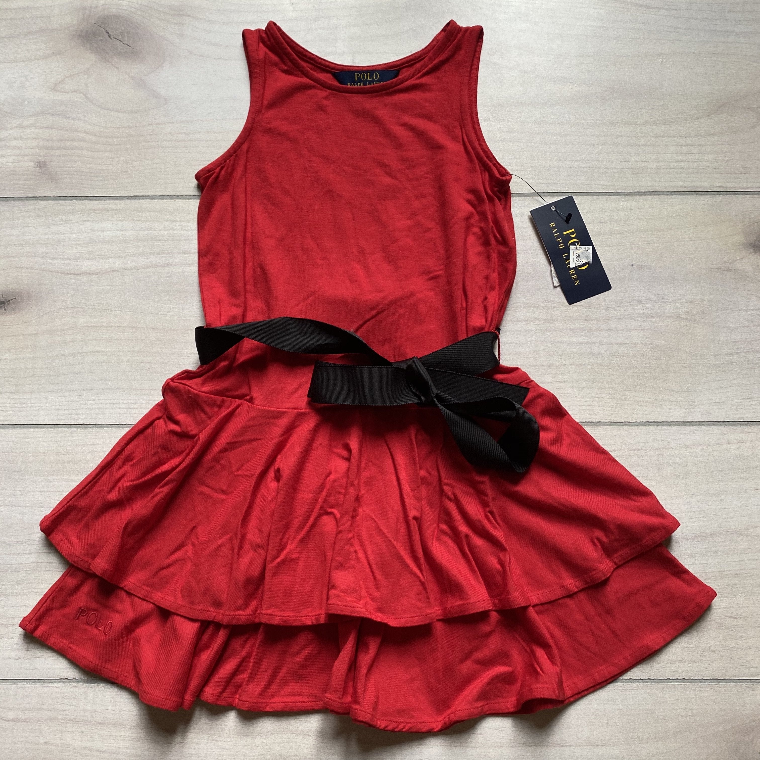 NEW Ralph Lauren Polo Red Cotton Tank Dress Black Ribbon Tie Front Sweet Pea & Teddy NEW Ralph Lauren Polo Red Cotton Tank Dress Black Ribbon Tie Front Sweet Pea & Teddy
