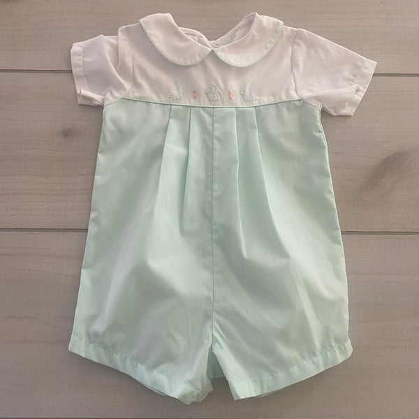Petit Ami Green & White Collared Embroidered Bunny Romper
