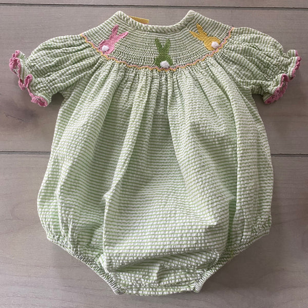 Southern Sunshine Kids Green Seersucker Bunny Smocked Bubble Romper