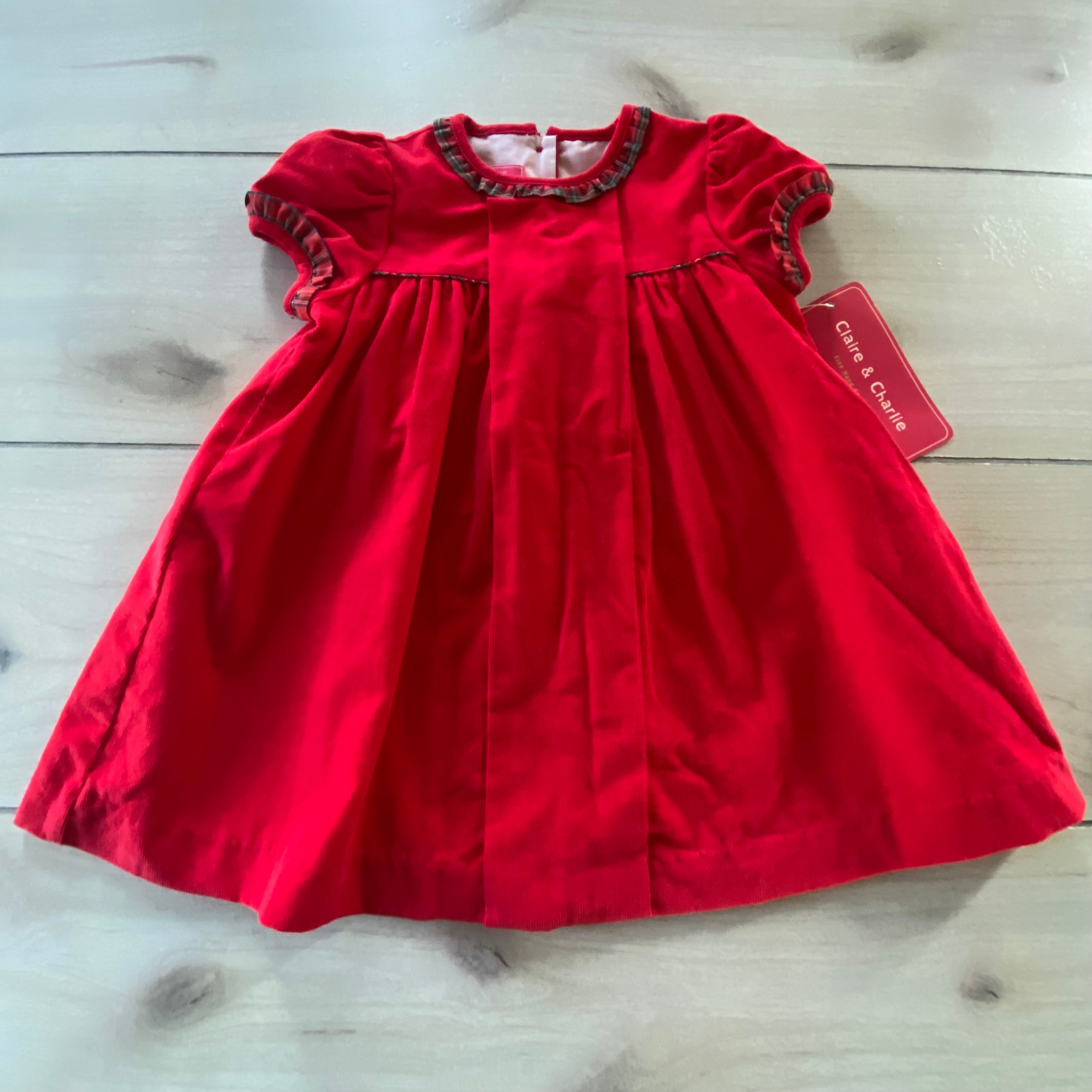 infant red corduroy dress Nursery Rhyme Baby Girl Christmas Corduroy Dress with Plaid Trim 3/6 M