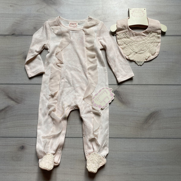 NEW Baby Biscotti Peachy Pink Footed Sleeper and Matching Bib - Sweet Pea & Teddy