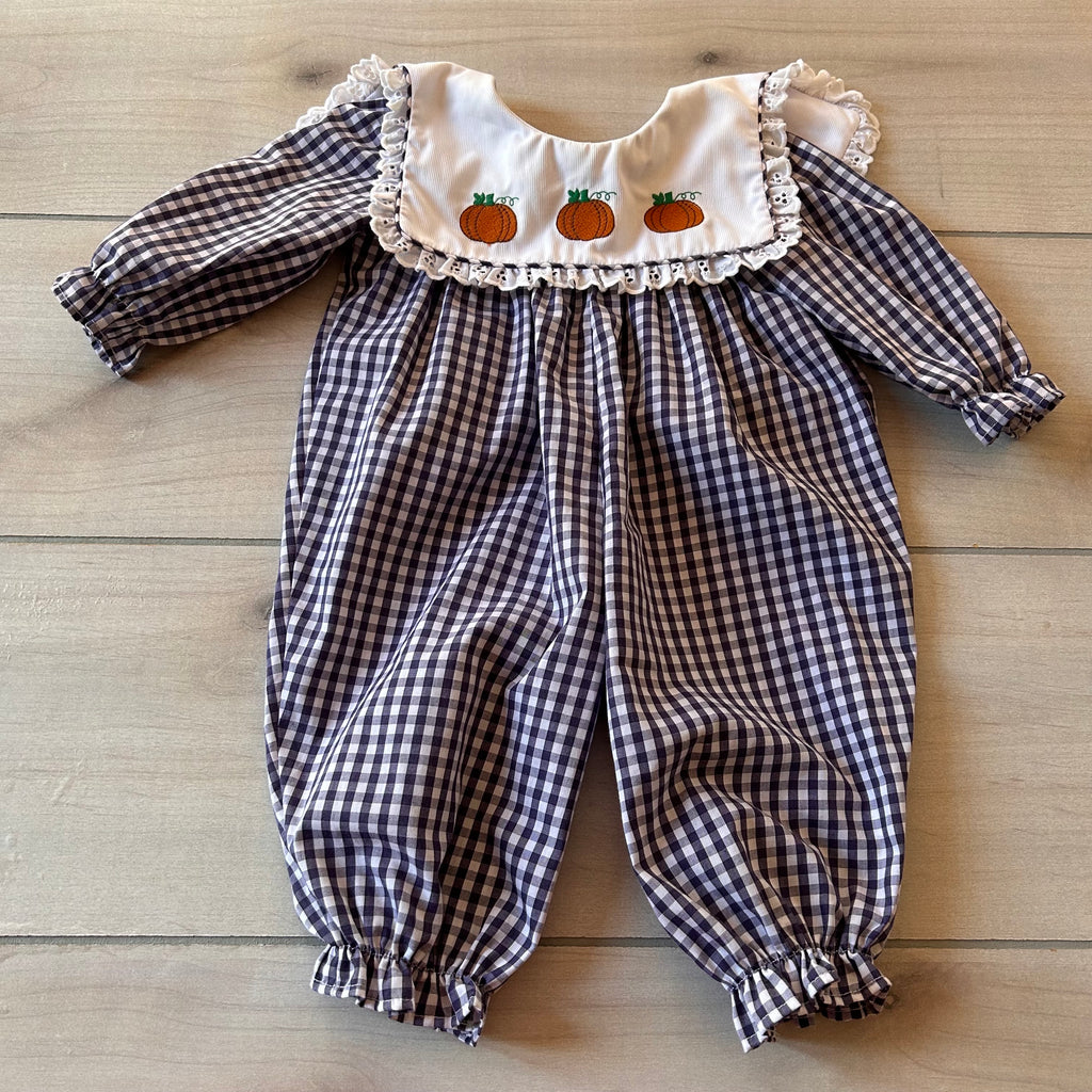 Southern Smocked Company Pumpkin Embroidered Bubble Romper