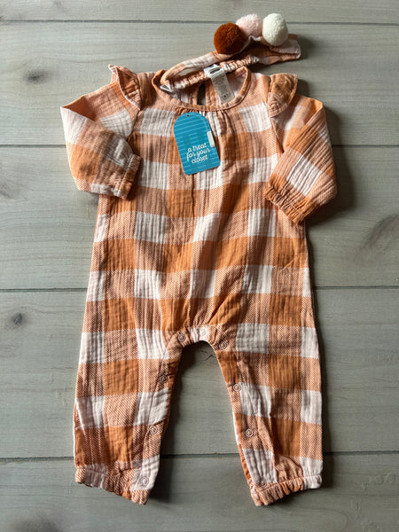 NWT Mud Pie 100% Cotton Orange Muslin Romper & Headband