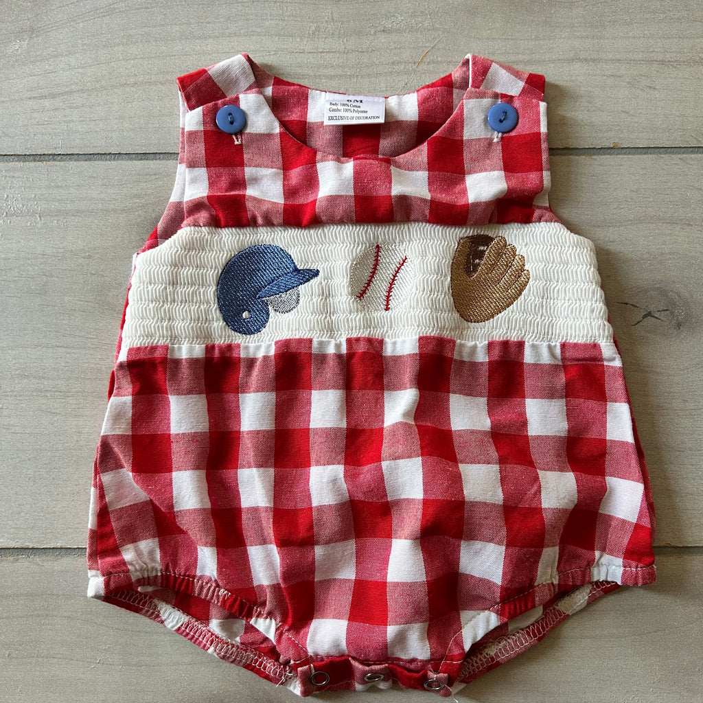 Baseball Smocked Gingham Bubble Romper