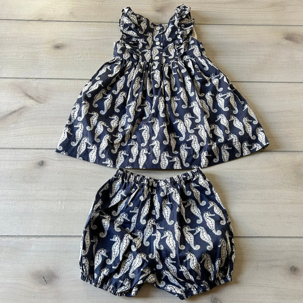 Rachel Riley Seahorse Navy White Dress & Bloomer