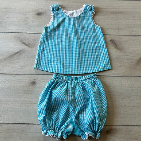 Delaney Blue Check Two Piece Shortie Bloomer Outfit