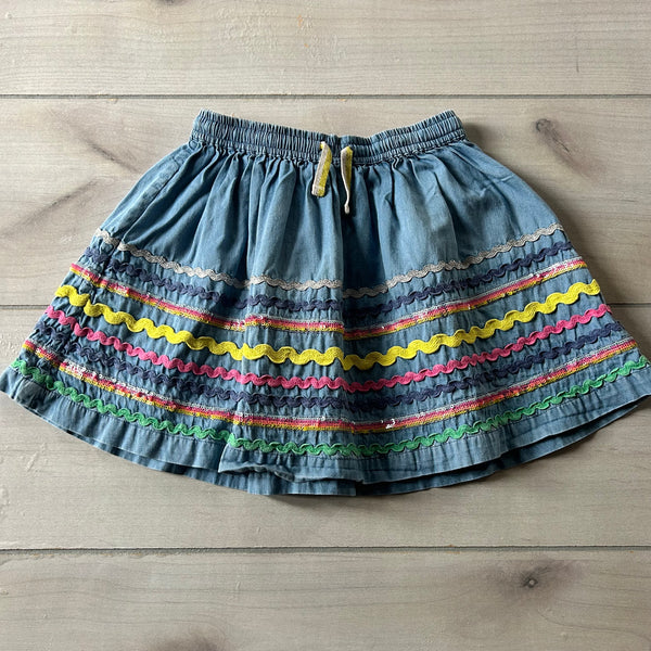 Mini Boden Chambray Denim Ric Rac Drawstring Waist Skirt