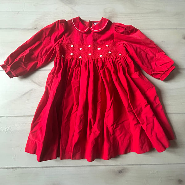 Carriage Boutiques Red Floral Collared Smocked Corduroy Dress