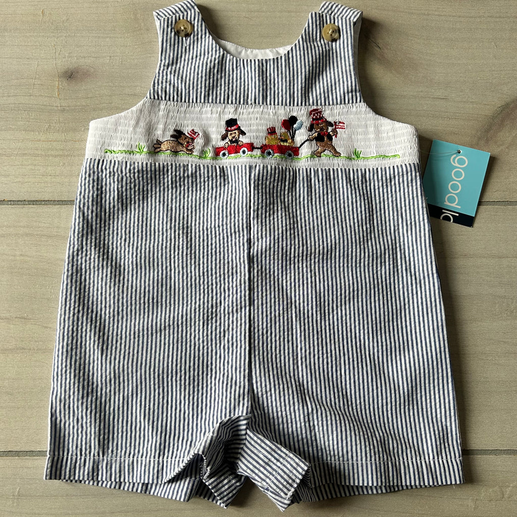 NWT Goodlad Smocked Puppy Patriotric Seerscuker Romper