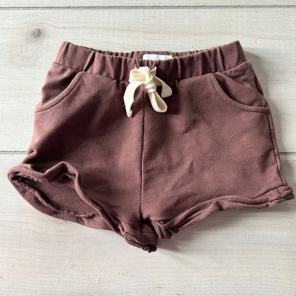 Jamie Kay Brown Drawstring Ruffle Bottom Organic Cotton Shorts