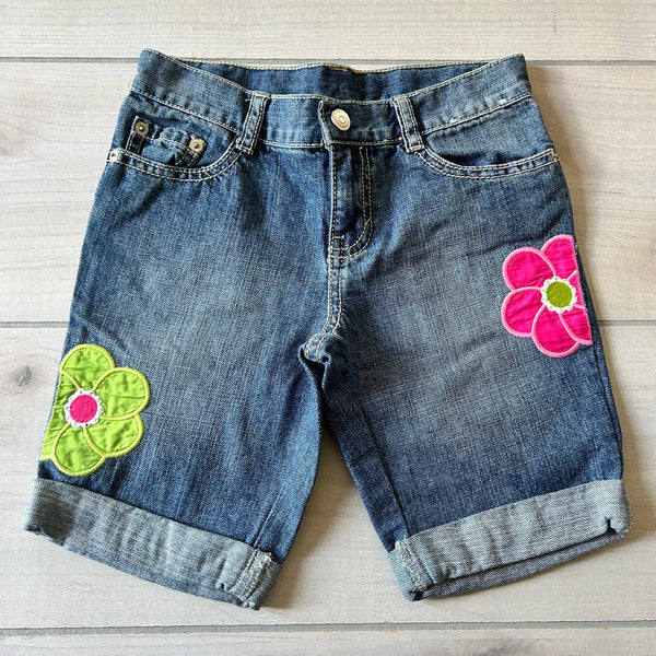 Gymboree Interior Adjustable Waist Button Tab Floral Embroidered Denim Shorts