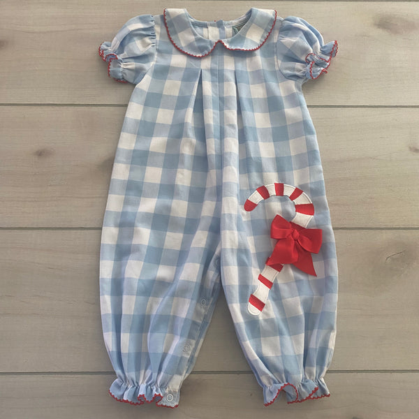 Honesty Blue Gingham Candy Cane Bubble Romper
