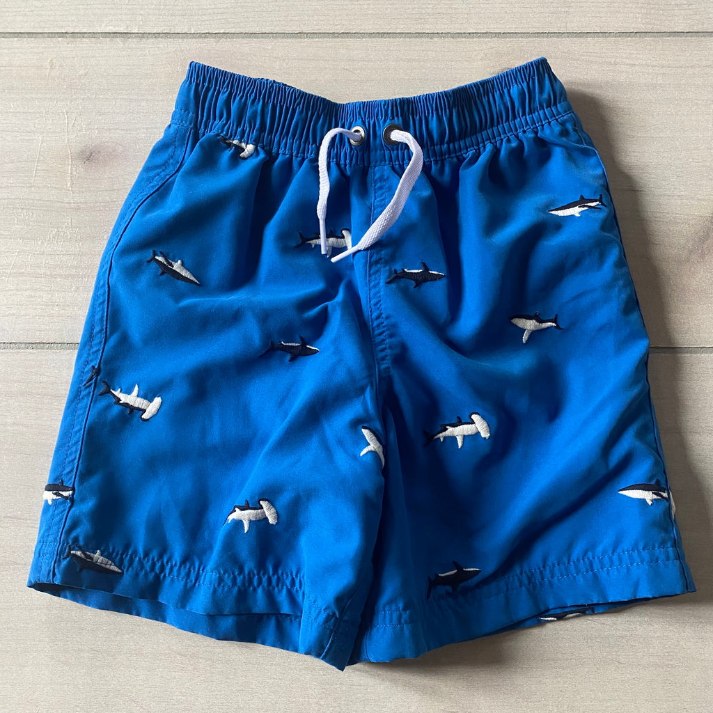 Hanna Andersson Blue Embroidered Shark Swim Trunks