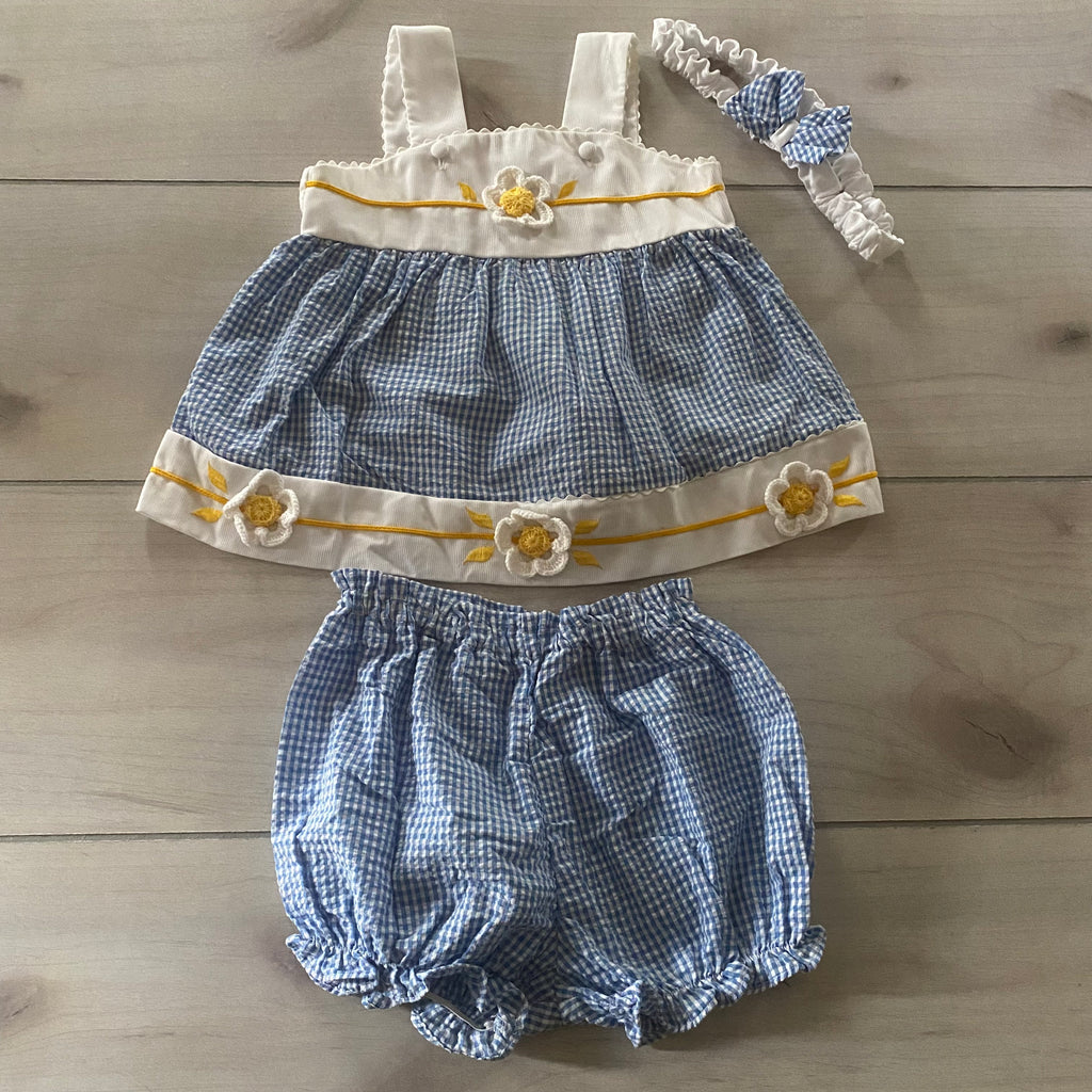 Little Bitty White & Yellow Floral Blue Gingham Outfit