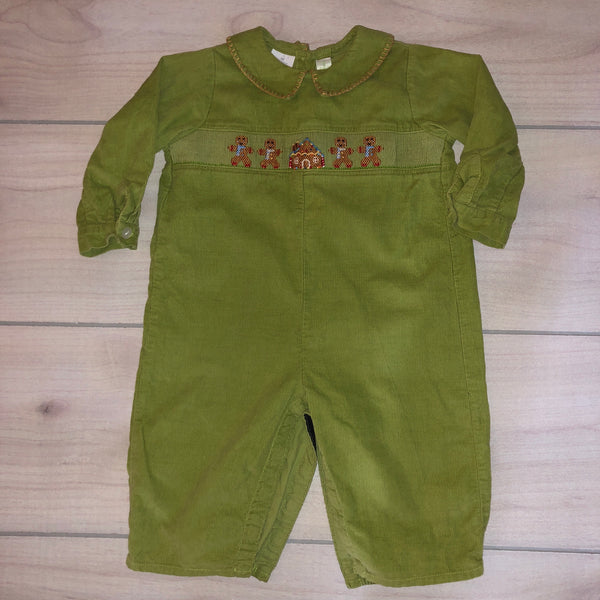 Vive Le Fete Green Corduroy Gingerbread Smocked Collared Romper