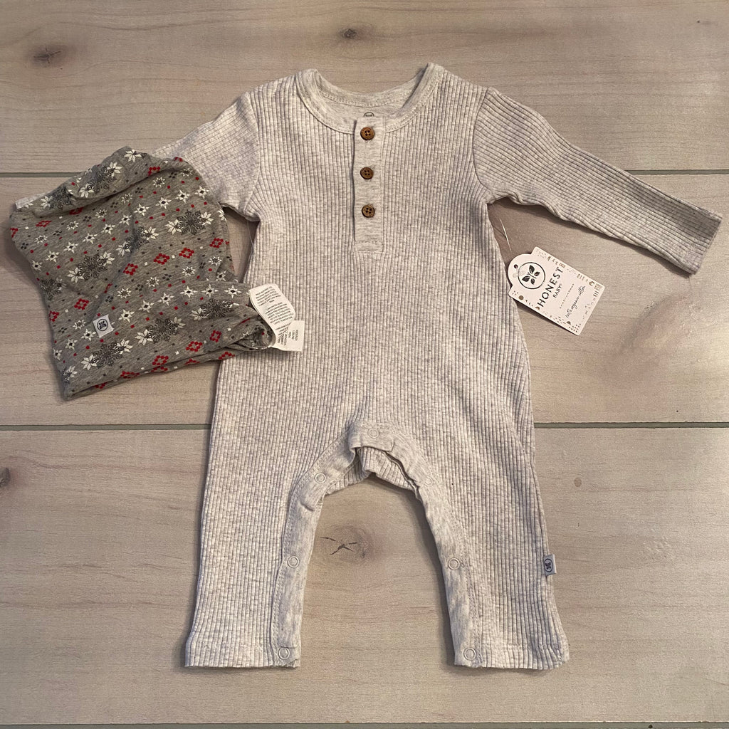 NWT Honest Baby 100% Organic Cotton Gray Ribbed Romper & Hat Outfit