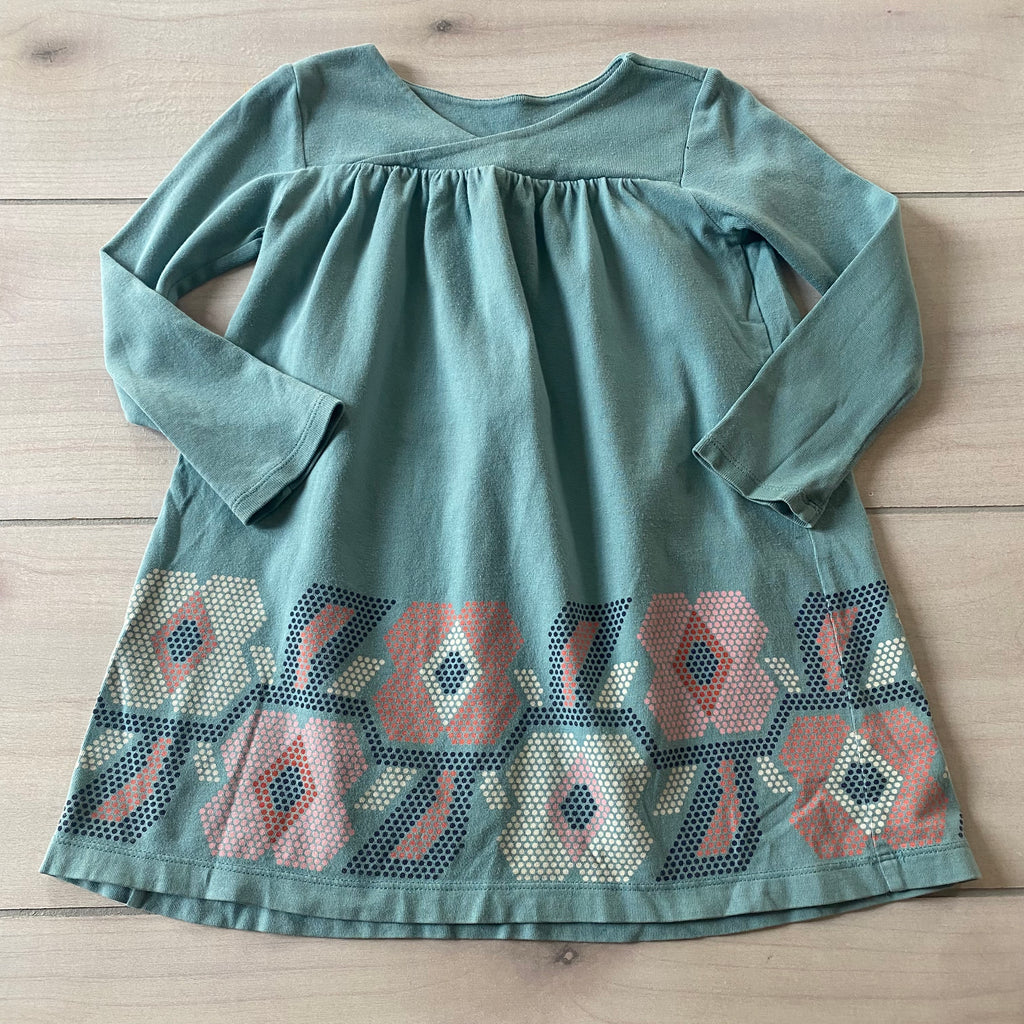 Tea Collection Teal Long Sleeve Geometric Print Cotton Dress
