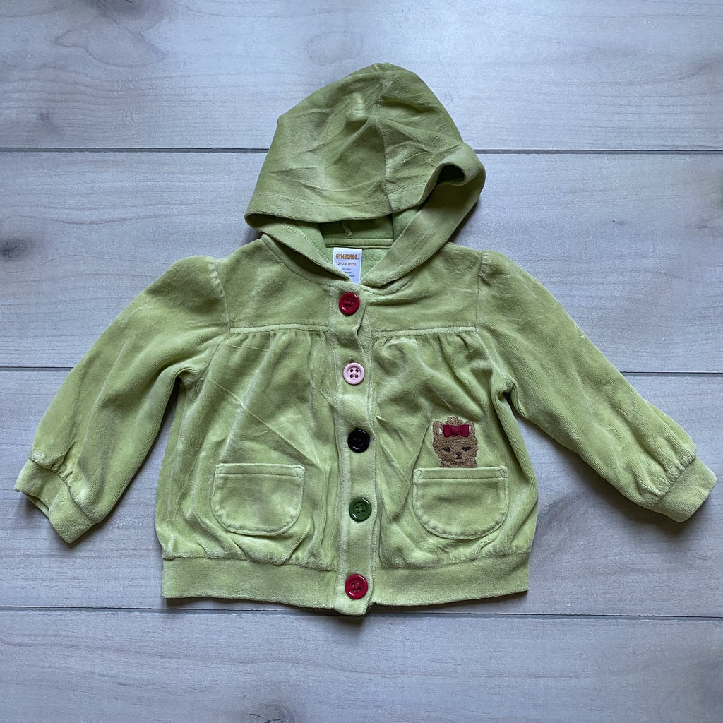 Gymboree Green Velour Hooded Button Front Puppy Pocket Cardigan - Sweet Pea & Teddy