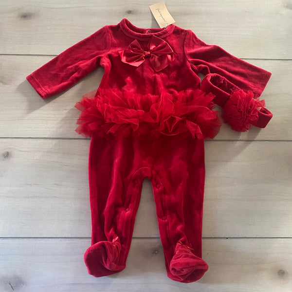 NWT First Impressions Red Velour Ruffle Romper & Matching Headband