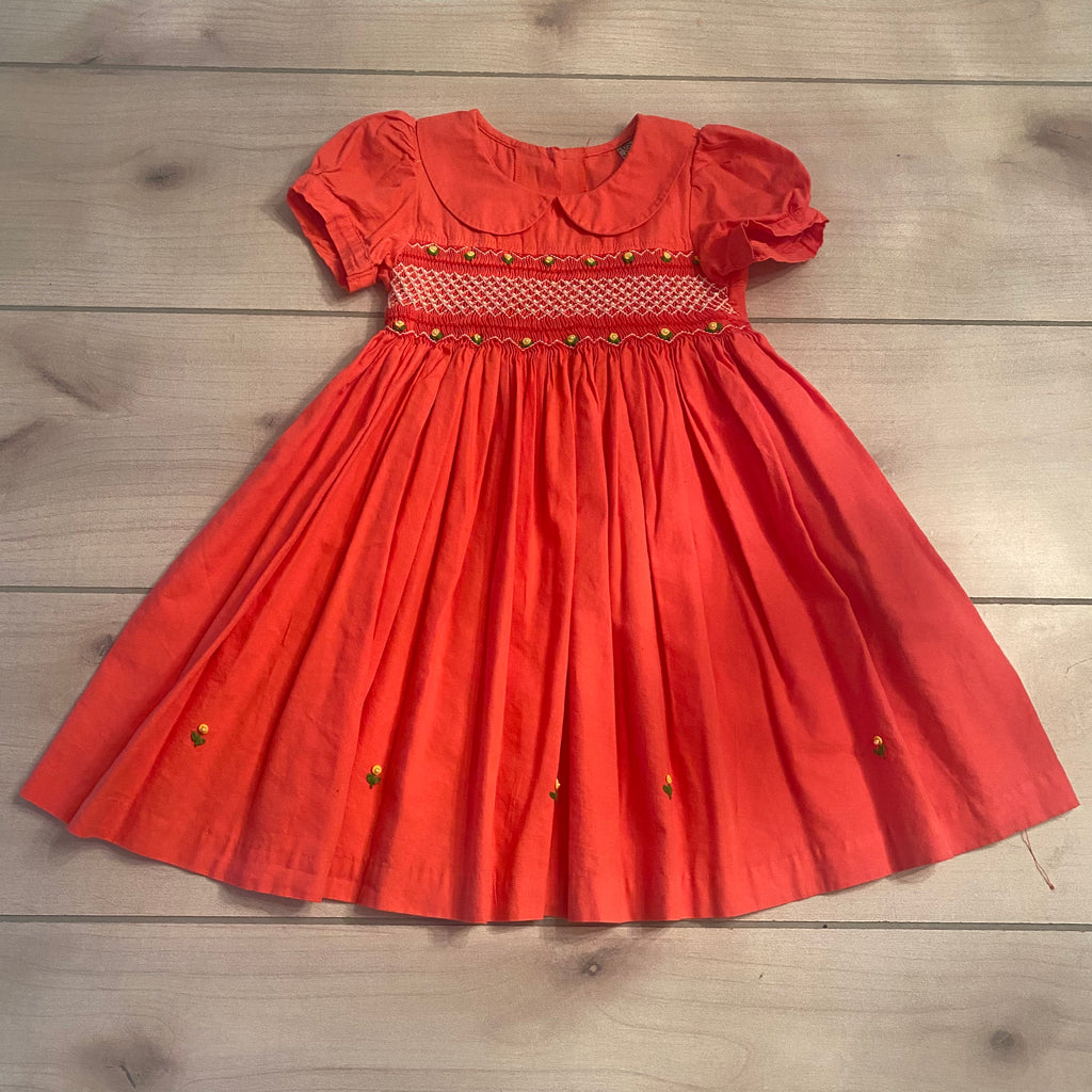 Sissy Mini Coral Smocked Pearl Floral Embroidered Dress