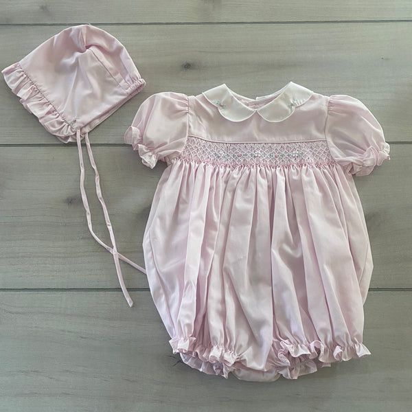 NEW Petit Ami Pink Smocked Floral Bubble Romper & Hat